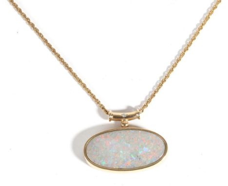 A 9 Carat Gold Opal and Diamond Pendant, an oval cabochon opal in a rubbed over setting, to a curved bar bail inset with a ro