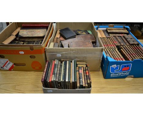 Bindings; A collection of leather-bound books, predominantly German, including sets and a manuscript notebook (4 boxes)