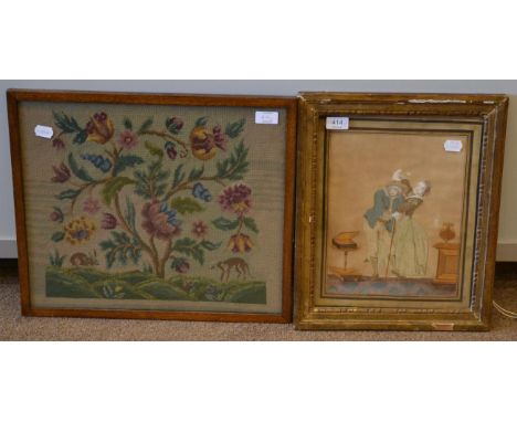A French Watercolour, Bodycolour, Silk and Strawwork Picture, 1st half 19th century, as a couple standing between two pieces 