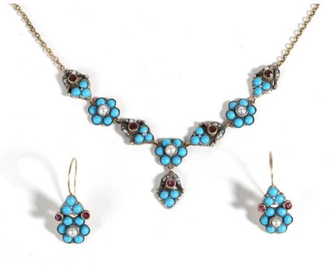 A Turquoise, Seed Pearl and Ruby Necklace and Earring Suite, the necklace with a front of round cabochon turquoise, seed pear