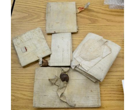 Five Early Indentures, 17th and 18th century, manuscript on vellum with several wax seals 