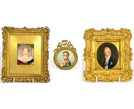 An English Porcelain Plaque, circa 1830, painted with a bust portrait of William IV within gilt spandrels, 10cm by 8cm; Engli