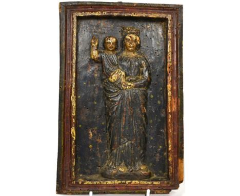 A French Polychromed Wood Panel, 16th/17th century, depicting the Virgin and Child wearing flowing robes, in an integral fram
