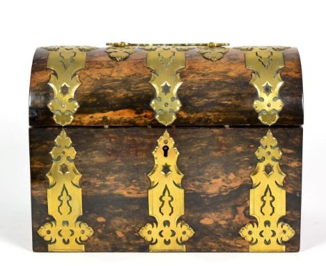 A Victorian Brass Mounted Coromandel Tea Caddy, applied with a swing handle and strapwork, the domed cover with two domed lid