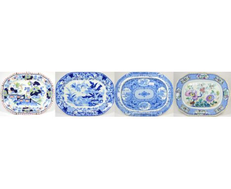 A Wedgwood Pearlware Platter, circa 1840, of canted rectangular form, printed in underglaze blue with cranes in a river lands