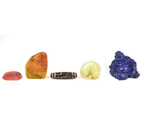 A Chinese Carved Lapis Lazuli Figure of  Buddha, as a seated corpulent figure, 9cm high; A Similar Jade Lion Dog; A Dzi Bead,