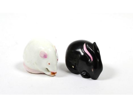 A Royal Worcester Porcelain Netsuke Figure, circa 1910, as a mouse, printed mark, 4.5cm long; and A Similar Figure of a Hare,