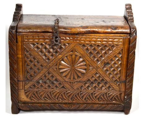 An 18th Century Scandinavian Deed Box, with geometric carved panel, 47cm