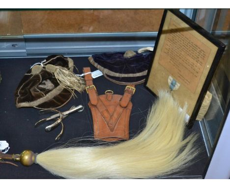 A Horsehair Fly Whisk; A Gilt Metal 5th Army Medal, framed; Two Rugby Caps; A Pair of Steel Spurs, stamped Maxwell, 9 Dover S