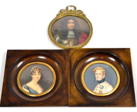After Sir Peter Lely: Miniature Bust Portrait of  Charles II, 9.5cm diameter; and H Fagard: Pair of Miniature Bust Portraits 