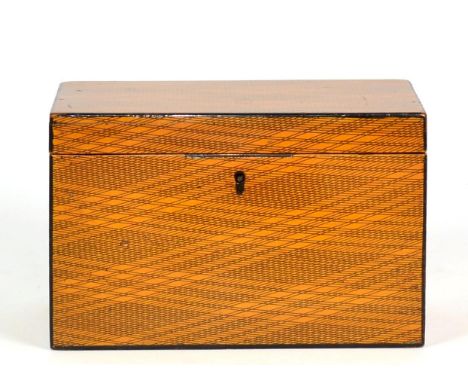 A Regency Scottish Sycamore and Penwork Tea Caddy, of rectangular form with geometric decoration, containing two lidded compa