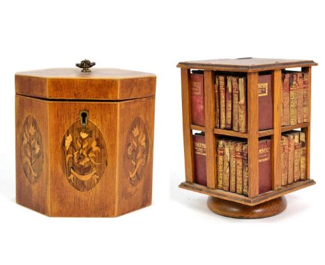 A Mahogany and Marquetry Tea Caddy, 19th century, of canted rectangular form, inlaid with oval panels of flowers, 14cm high; 