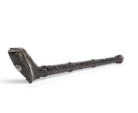 A White Metal Mounted Carved Treen Pipe Case, possibly Dutch, mid 17th century, carved with hearts amongst stylised foliage, 