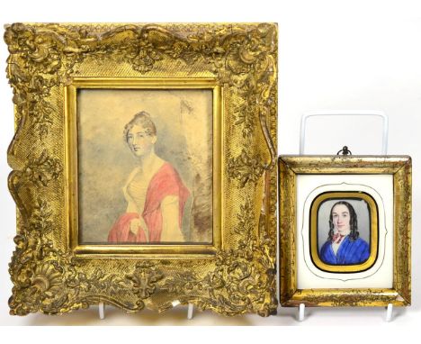 C H Simms: Miniature Bust Portrait of a Girl, with ringletted hair and blue jacket, 6cm by 5cm, framed and glazed, inscribed 