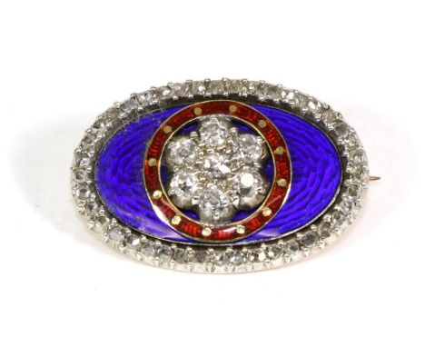 A Diamond and Enamel Mourning Brooch, a cluster of old cut diamonds within a red enamel and gilt circular border, to an oval 