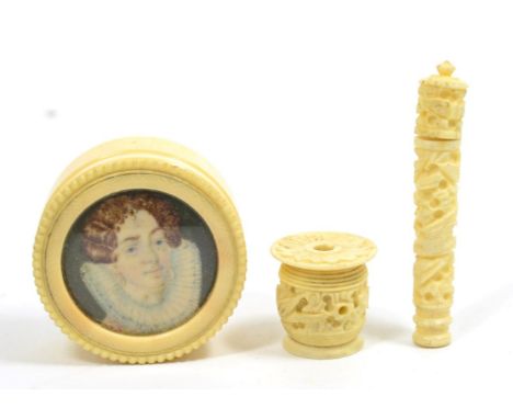 A 19th Century Ivory Box and Cover, with a portrait of a lady painted to the cover, enclosing ivory letters, and two carved s