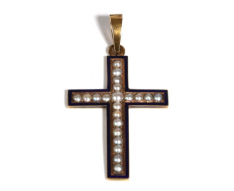 A Seed Pearl and Blue Enamel Cross Pendant, set throughout with seed pearls within a blue enamel border, measures 4.5cm by 2.