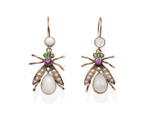 A Pair of Gem Set Insect Earrings, a round cabochon moonstone in a rubbed over setting suspends a winged insect with demantoi