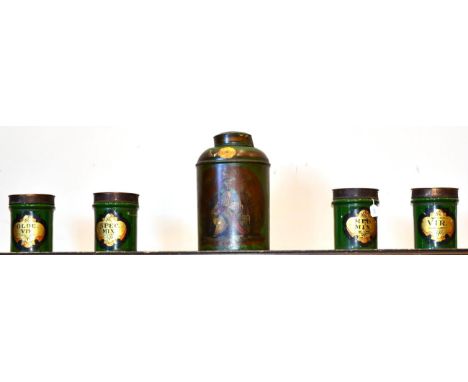 A Toleware Shop Display Tea Canister and Cover, 19th century, of cylindrical form with rounded shoulders, painted with a chin