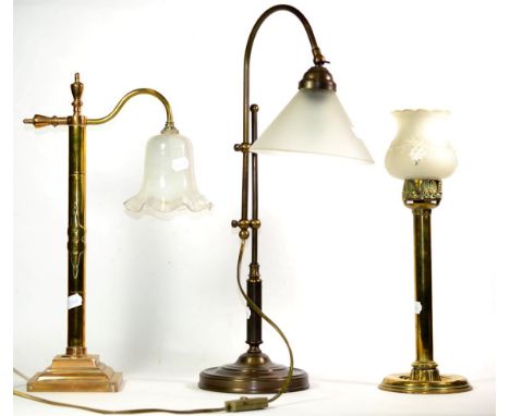 A Brass Table Lamp, 20th century, with urn finial, side scroll branch and stepped base, 52cm; and Two Further Brass Table Lam