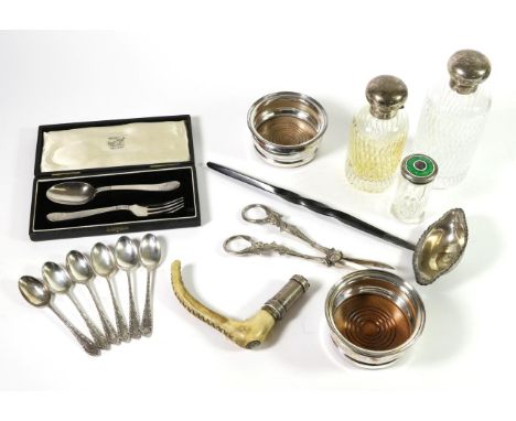 A Group of Assorted Silver Items, comprising: two silver mounted glass bottles, Birmingham 2000; a Swaine silver mounted ridi