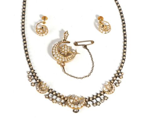 A Seed Pearl Necklace, and Earring Suite, a crescent and star brooch/pendant set throughout with seed pearls, with a removeab