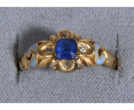 A Blue Paste and Enamel Ring, an octagonal cut blue paste inset to a carved shank with diamond accents and blue enamel scroll