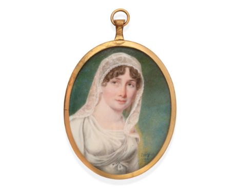 Isaac Wane Slater (British, 1784/5-1836): Miniature Bust Portrait of Mrs Powyer, in wedding attire, signed with initials and 