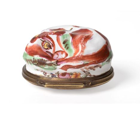 A Staffordshire Enamel Bonbonniere and Cover, circa 1770, in the form of a long-horned cow, the cover printed with a river la