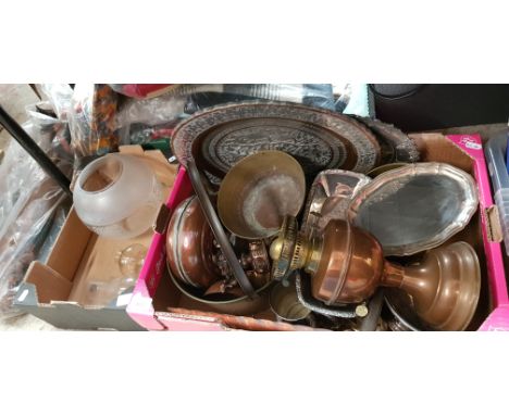A box of assorted metal ware including brass, silver plate, Chinese etc. Lamp fittings in adjacent box 