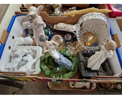 Box with three Nao figures, Two Lladro geese and Nao geese, coloured glassware etc. 