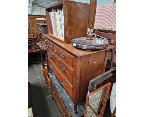 Assorted furniture comprising a marble top chest and matching chest of drawers, a teak framed mirror, a metal fire fender, ta