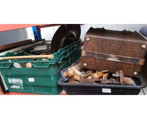 Two boxes of assorted items including tools, bric a brac, 78s etc. 