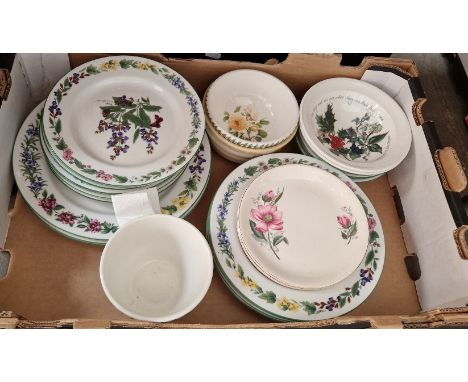 A box of botanical pattern dinner wares including Royal Worcester Worcester Herbs, Port Meirion etc. 