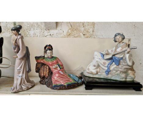 Two Nao Japanese style figures and a reclining Japanese pottery figure on stand 