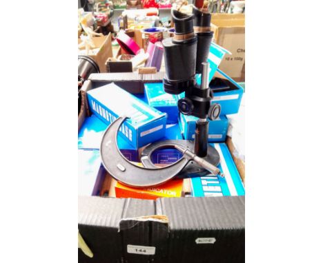 A box of boxed dial indicators, boxed magnetic bases &amp; a vintage microscope etc.