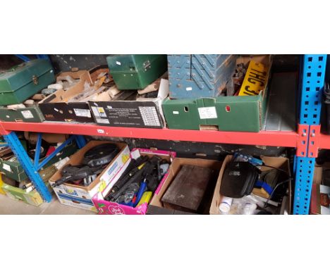 8 boxes of assorted Karcher parts, garage wear and tools and 3 toolboxes etc. 