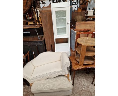 A mixed lot of furniture comprising a narrow white unit, a miniature scroll arm settee, an ottoman, light wood unit, Stag tab