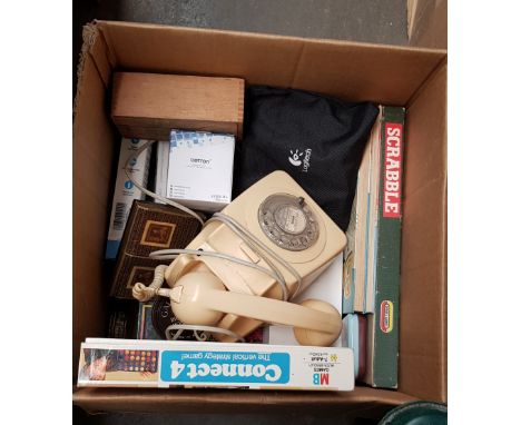 A box of assorted vintage games &amp; a vintage telephone etc. 