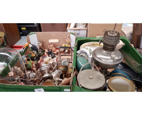 2 boxes of mixed items including Country Artists bird models, metalware, paraffin lamp, biscuit barrels, pottery bowl, Portme