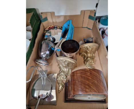 Box with Edwardian mahogany  mantel clock and metalware 