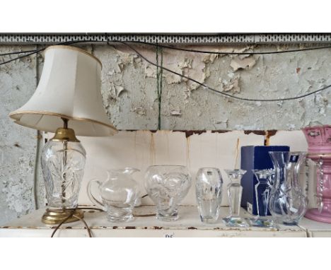 Lead crystal - large table lamp, pair of heavy contemporary candlesticks, Stuart Crystal Luxton Collection vase, boxed Doulto