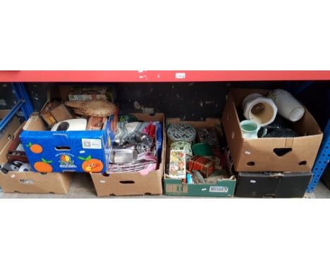 Seven boxes of assorted household items to include vintage tins &amp; fishing seat etc. 