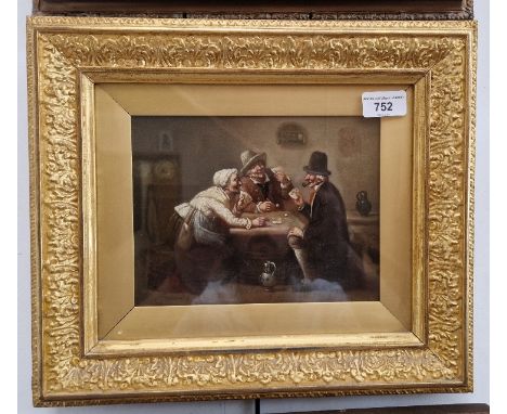 After David Teniers (1610-1690), oil on board, interior scene with figures seated playing cards, 21cm x 16cm, signed with 'ST
