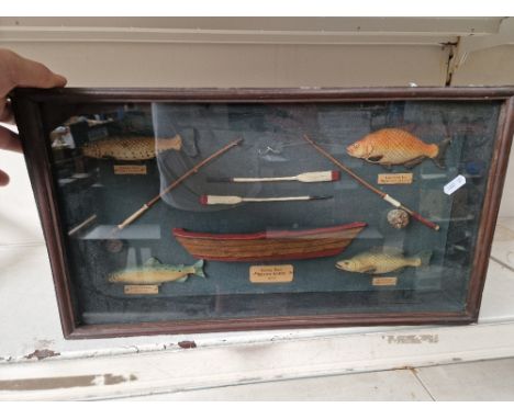 A vintage shadow fishing box display - Grand Banks 1895, together with a boxed telescope