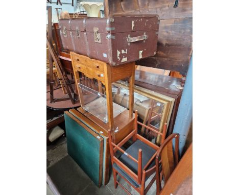 A mixed lot of furniture comprising two card tables, a plastic trolley box, a trunk, an oak canteen table, a sewing machine, 