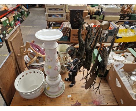 Assorted decorative items comprising a Chinese porcelain fish bowl on stand, a jardiniere on stand, an Oriental vase, a mirro