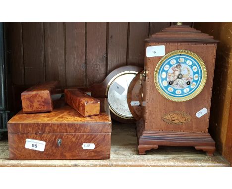 2 barometers, a mantle clock, a wooden box containing a boxed domino set and boxed dice set 