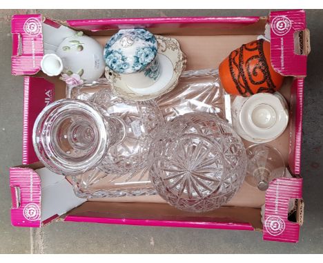 A mixed lot comprising West German vase, Coalport vase, framed embroidery picture, cut glass mushroom lamp, Noritake dish, et