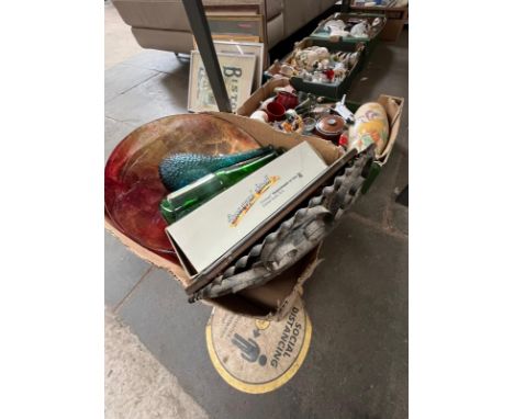 4 boxes of mixed glass, ceramics etc. including Royal Worcester, Mason’s, 2 mirrors, large glass bowl 51cm diameter, large Ba